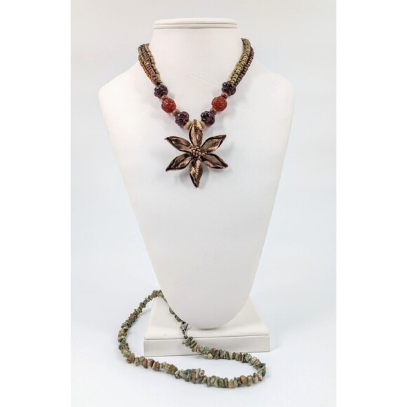 Y2K Boho Necklace Flower Bronze Tone Layered Beaded Green Stones Artsy Rustic - Picture 1 of 13